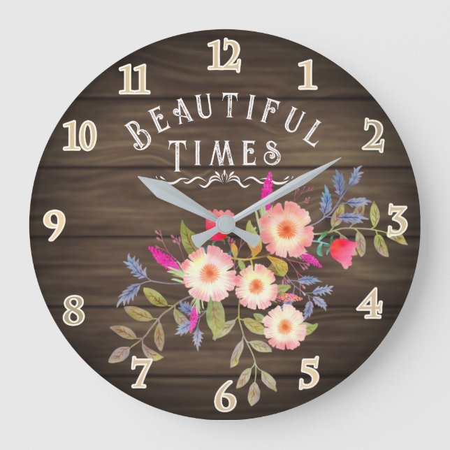 Country Floral Brown Pine Large Clock (Front)