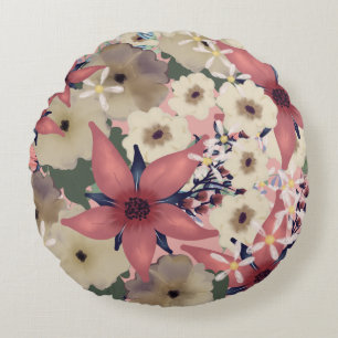 Country Floral   Coral Pink and Navy Blue Flowers Round Cushion