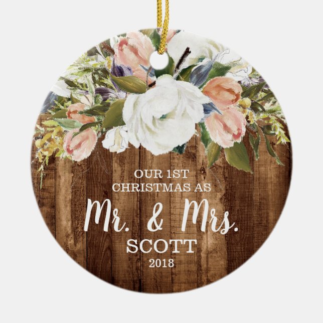 Country Floral First Christmas Married Mr & Mrs Ceramic Ornament (Front)