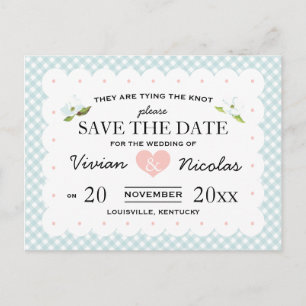 Country Floral Gingham Pink Blue Save The Date Announcement Postcard