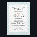 Country Floral Gingham Pink Blue Wedding Invitation<br><div class="desc">Vintage inspired wedding invitation set with baby blue and white gingham pattern as background. White doily, modern typography, handwritten fonts. Illustrated with pink hearts and white flowers. Ideal for spring or summer weddings on the country. Background with pink and white large stripes. ***PLEASE NOTE that if you change the font...</div>