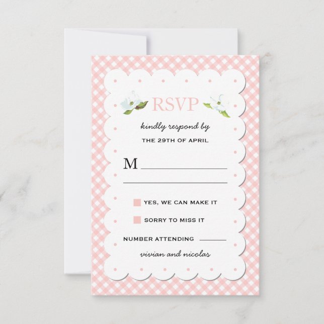 Country Floral Gingham Pink Blue Wedding RSVP Card (Front)