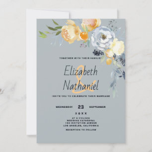 Country floral orange blue white botanic wedding invitation