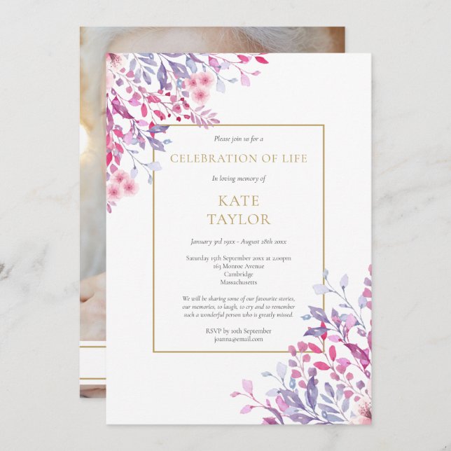 Country Floral Photo Funeral Celebration of Life Invitation (Front/Back)