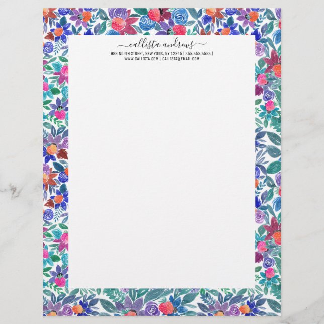 Country Floral Strawberries Watercolor Pattern Custom Letterhead (Front)
