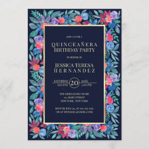 Country Floral Strawberries Watercolor Quinceañera Invitation