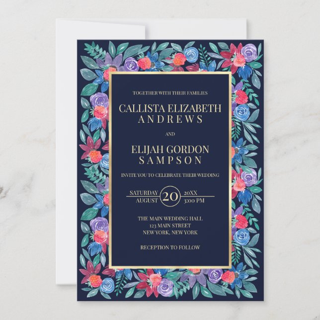 Country Floral Strawberries Watercolor Wedding Invitation (Front)