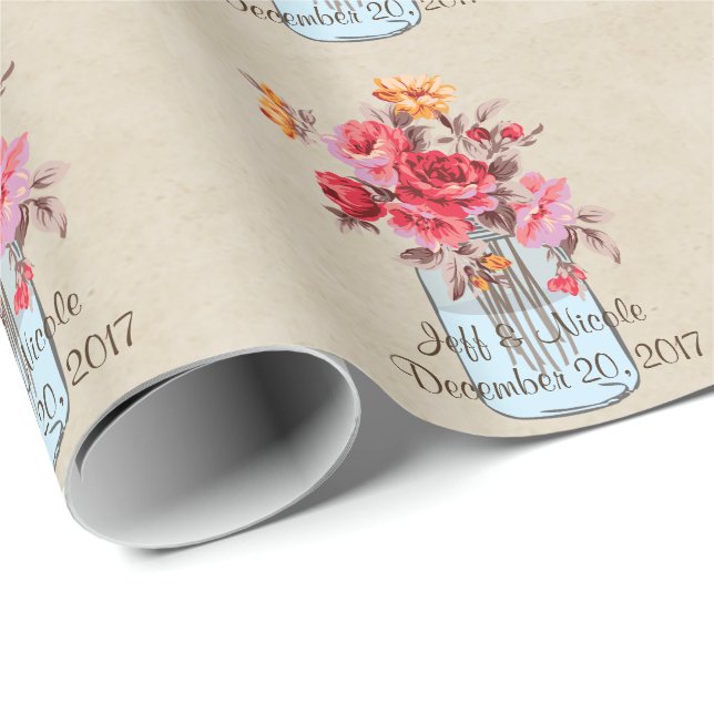Country Floral Wood Mason Jar Wedding Wrapping Paper (Roll Corner)
