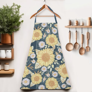 Country Floral Yellow Sunflower Navy Blue Apron