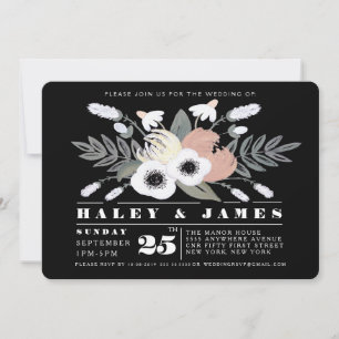 Country Florals Wedding Black & White Invitations
