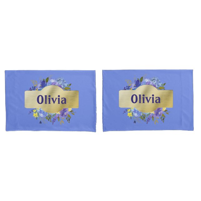 Country Flowers Blue Purple Floral & Gold Pillowcase (Front-Set)