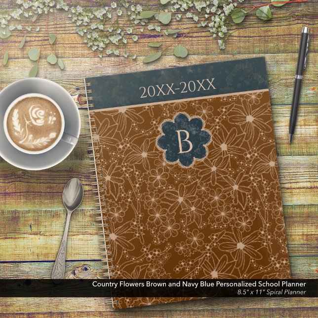 Country Flowers Brown Blue Personalised School Planner (Country Flowers Brown and Blue Personalized School Planner: Customize the Date and Monogram)