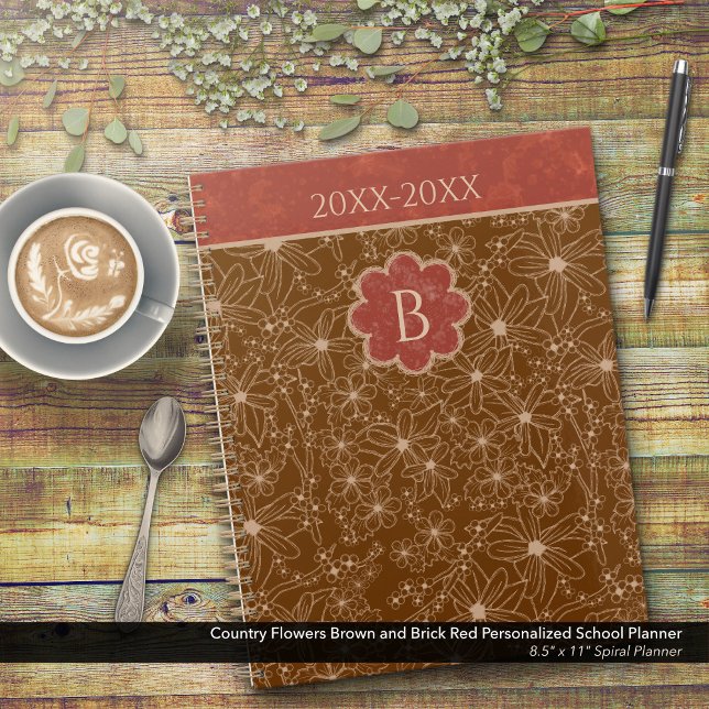 Country Flowers Brown Red Personalised School Planner (Country Flowers Brown and Red Personalized School Planner: Customize the Date and Monogram)