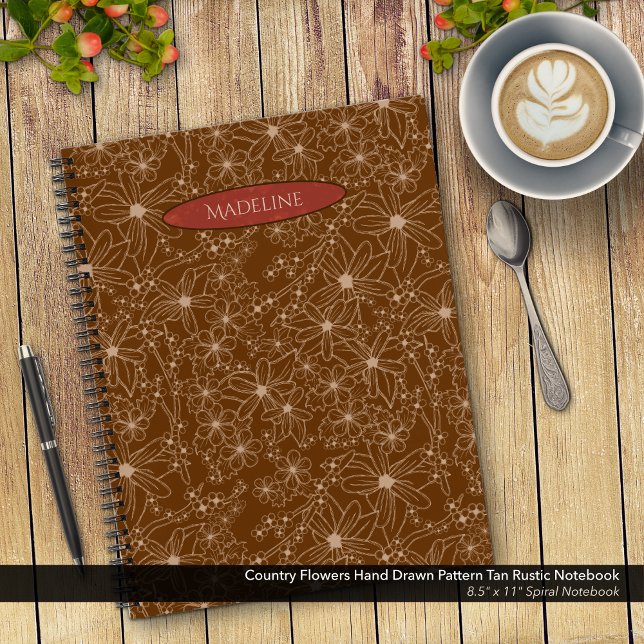 Country Flowers Hand Drawn Pattern Brown Rustic Notebook (Country Flowers Hand Drawn Pattern Brown Rustic Notebook: 8.5"x11" Spiral Notebook with Red Name)