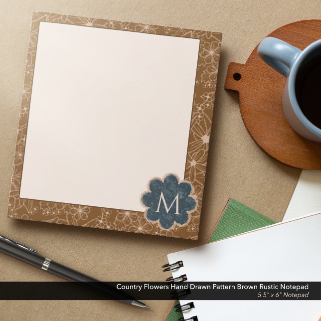 Country Flowers Hand Drawn Pattern Brown Rustic Notepad (Country Flowers Hand Drawn Rustic Pattern in Brown: 5.5"x6" Notepad with Navy Blue Monogram)