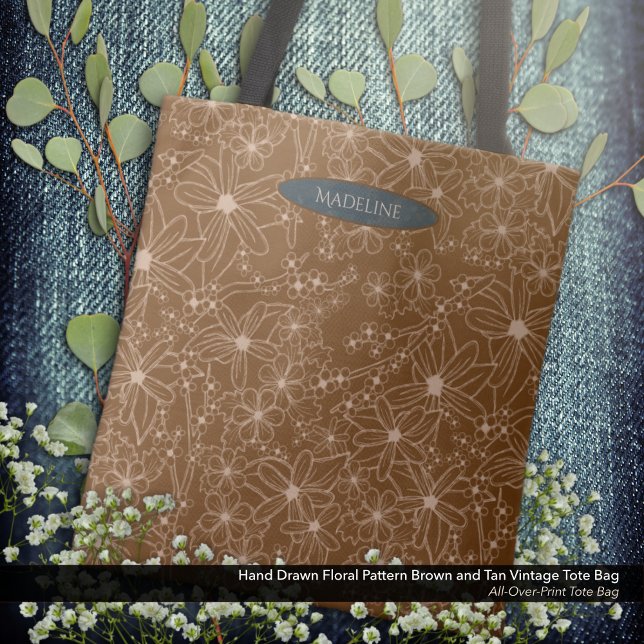 Country Flowers Hand Drawn Pattern Brown Rustic Tote Bag (Tote Bag: Hand Drawn Floral Pattern in Vintage Brown and Tan with the Owner's Name in Dark Blue.)