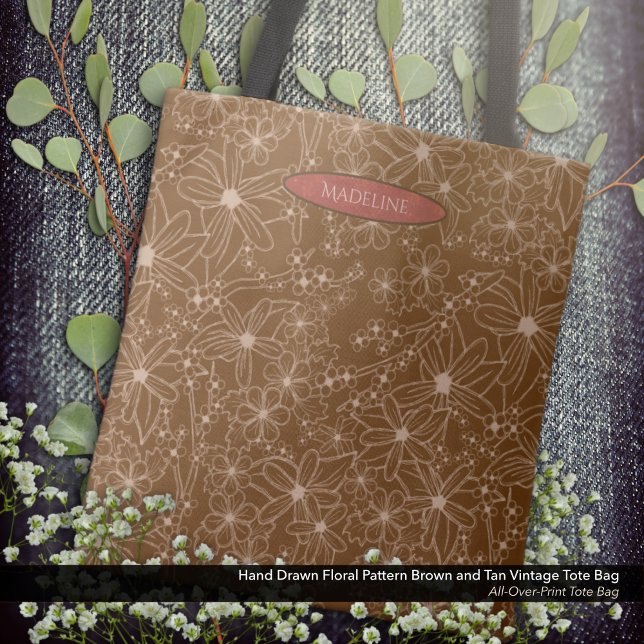 Country Flowers Hand Drawn Pattern Brown Rustic Tote Bag (Tote Bag: Hand Drawn Floral Pattern in Vintage Brown and Tan with the Owner's Name in Brick Red.)