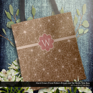 Country Flowers Hand Drawn Pattern Brown Rustic Tote Bag