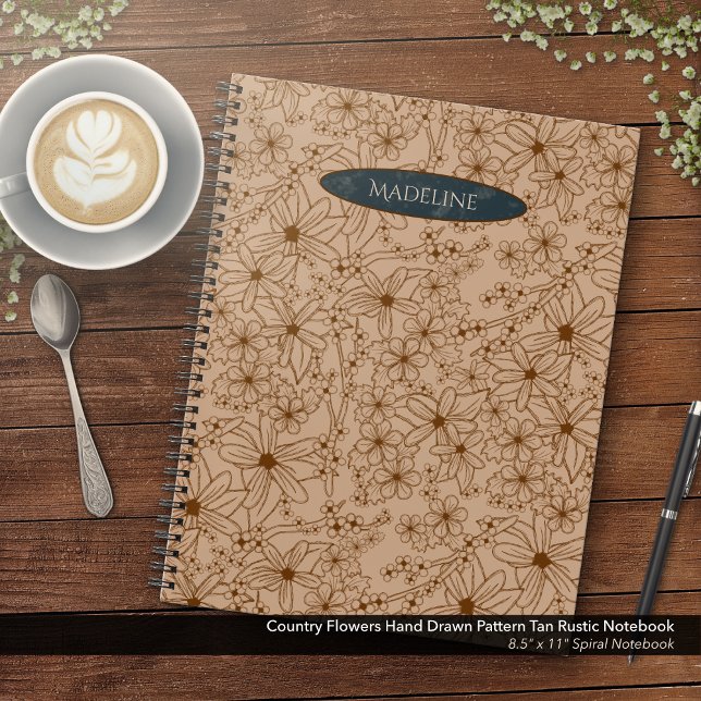 Country Flowers Hand Drawn Pattern Tan Vintage Notebook (Country Flowers Hand Drawn Pattern Tan Rustic Notebook: 8.8" x 11" Spiral Notebook)