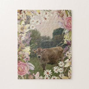 Country Flowers Jersey Cow Jigsaw Puzzle