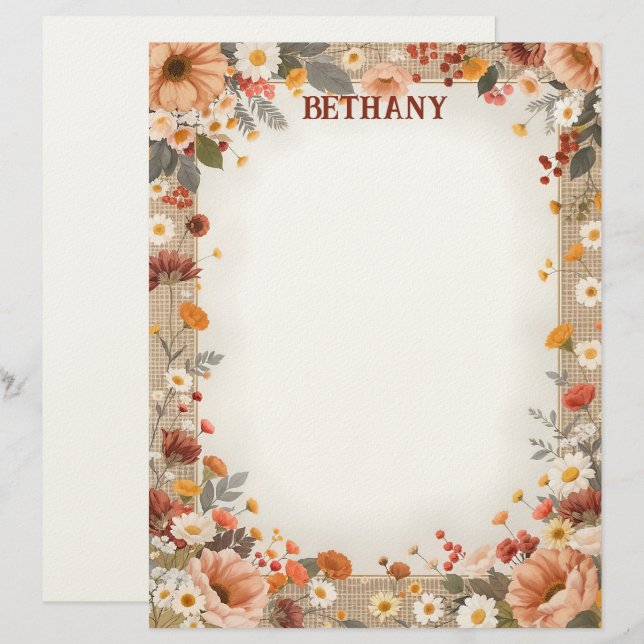 Country Flowers on Burlap Stationery Paper Custom Letterhead (Front/Back)