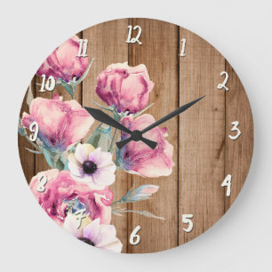 Country Flowers Rustic Barn Wood Large Clock