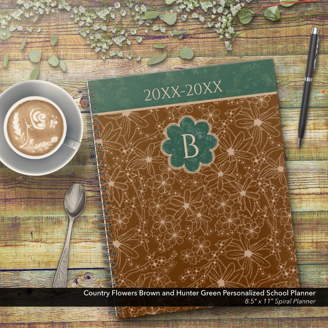 Country Flowers Rustic Brown Green Personalised Planner (Country Flowers Brown and Green Personalized School Planner: Customize the Date and Monogram)