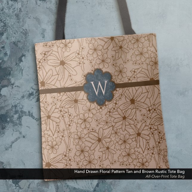 Country Flowers: Tan and Navy Blue Monogrammed Tote Bag (Tote Bag: Rustic Hand Drawn Floral Pattern in Tan and Brown with Distressed Navy Blue Monogram.)