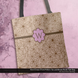 Country Flowers: Tan and Pink Monogrammed Tote Bag