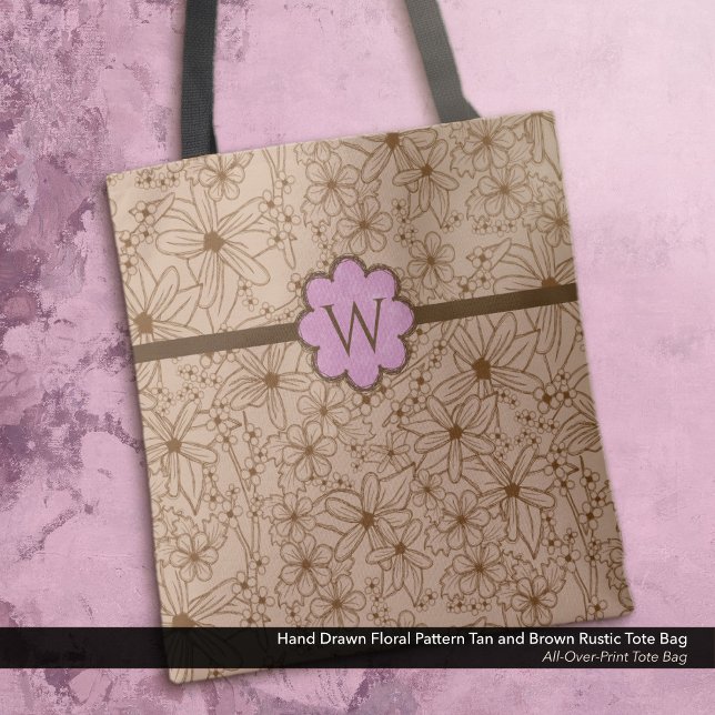 Country Flowers: Tan and Pink Monogrammed Tote Bag (Tote Bag: Rustic Hand Drawn Floral Pattern in Brown and Tan with a Distressed Soft Pink Monogram.)