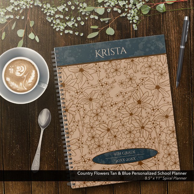 Country Flowers Tan & Blue Personalised School Planner (Country Flowers Brown and Blue Personalized School Planner: Customize the Name, Grade, and Year.)