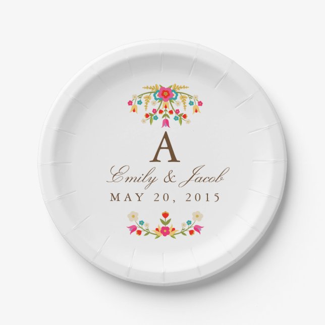 Country Flowers Wedding Monogram Paper Plate (Front)