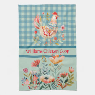Country Folk Art Chickens On Blue Gingham Check  Tea Towel