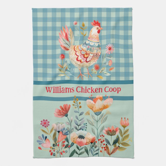 Country Folk Art Chickens On Blue Gingham Check  Tea Towel (Vertical)