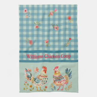 Country Folk Art Chickens On Blue Gingham Check  Tea Towel