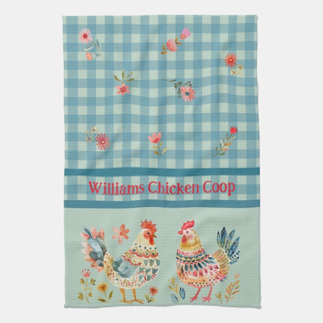 Country Folk Art Chickens On Blue Gingham Check  Tea Towel (Vertical)