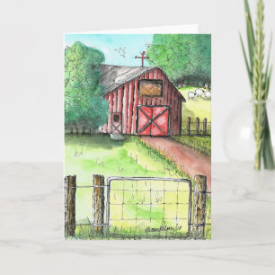 Country Folk Art, Red Barn, Farm Painting Art Card