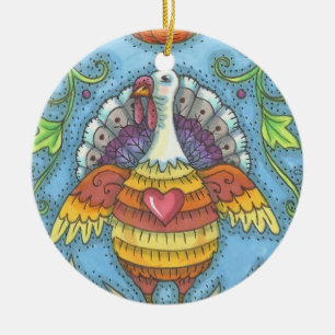 COUNTRY FOLK ART TURKEY, THANKSGIVING ORNAMENT Rnd