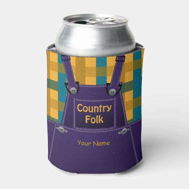 Country Folk Overalls Plaid Custom Can Cooler (Can Front)