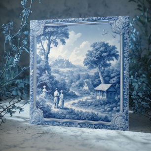 Country Folks Pastoral French Toile De Jouy Blue  Ceramic Tile