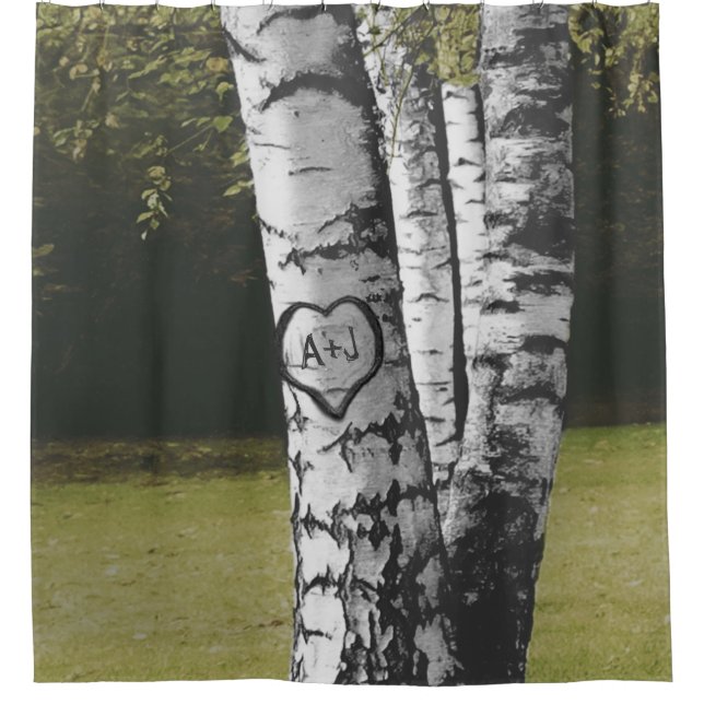 Country Forest Rustic Carved Initials Birch Tree Shower Curtain (Front)