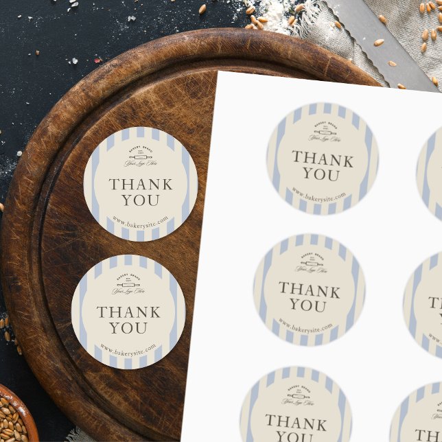 Country French Blue Striped Bakery Logo Striped Classic Round Sticker (Creator Uploaded)