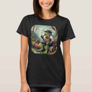 Country Frog Smoking Pipe on Log Cottagecore Aesth T-Shirt