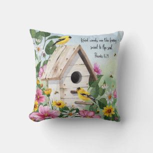Country garden birdhouse, birds and floral cushion