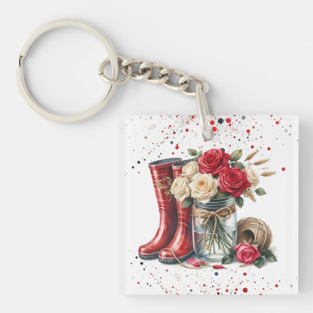 Country Garden Boots and Roses  Key Ring (Front)
