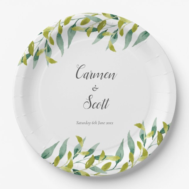 Country Garden Eucalyptus Leaves Wedding Greenery Paper Plate (Front)