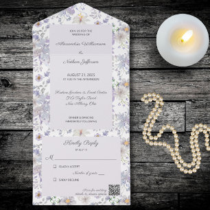 Country Garden Smoky Blue Floral with QR Code All In One Invitation