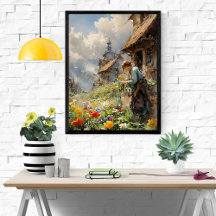 Country Garden w/ Girl in Blue Dress and Flowers |