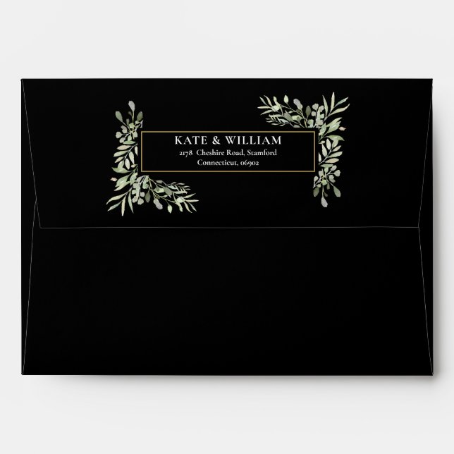 Country Garden Watercolour Greenery Black Wedding Envelope (Back (Top Flap))