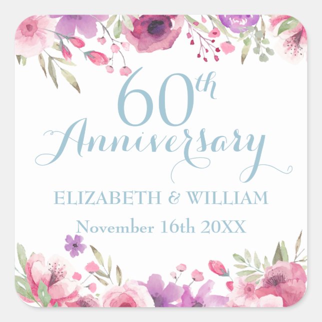Country Garden Watercolour Roses 60th Anniversary Square Sticker (Front)